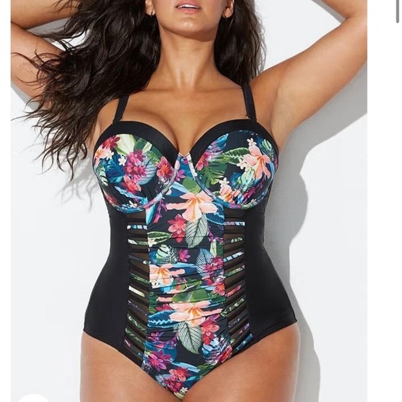 Swimsuits For All Bright Floral Ruched Underwire One Piece Swimsuit Women 20 NWT - Picture 3 of 15